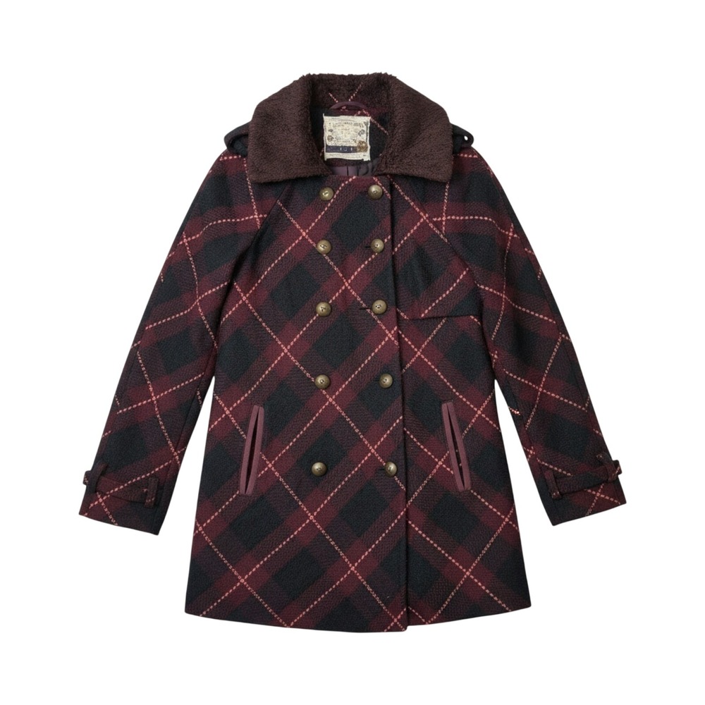 Free People Burgundy Navy Plaid Wool Blend Double Breasted Pea Coat Jacket 8